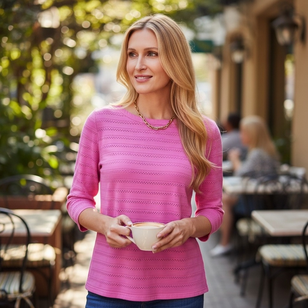 Talbots Petite Pink Pointelle Knit 3/4 Sleeve Boatneck Top LP Lined Button Cuff